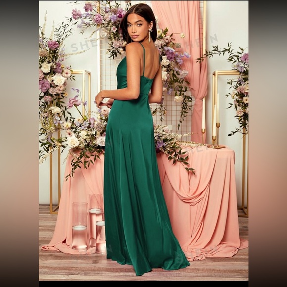 Cowl Neck Emerald Green Long Dress with Side Sash main image 1